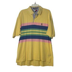 Tommy Hilfiger Polo Shirt Sz XL Yellow With Pastel Stripes 1/4 Buttons